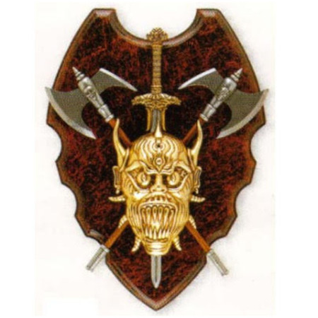 Panoplia con demonio, espada y 2 hachas  29cm