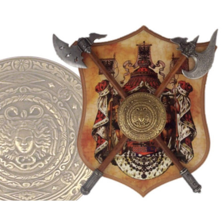 Panoplia con escudo y 2 hachas  35cm
