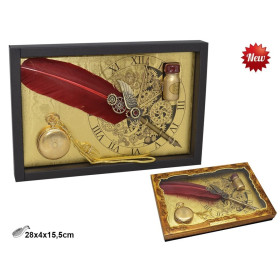 Set escritura pluma ave con reloj bolsillo y tintero