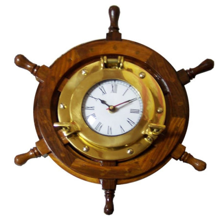 Rueda De Timón Madera Ø33cm, Con Reloj Latón Ø15cm